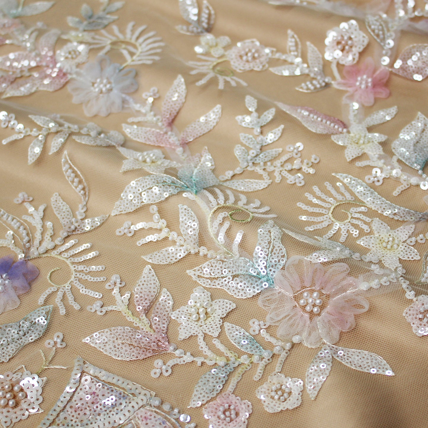 Embroidered Tulle with Ombre Tulle Flowers, Leaves, Paillettes, and Corals