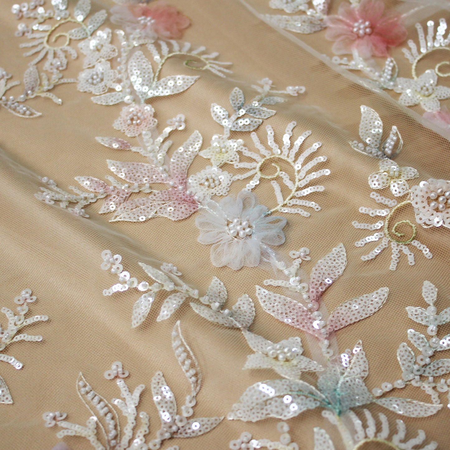 Embroidered Tulle with Ombre Tulle Flowers, Leaves, Paillettes, and Corals