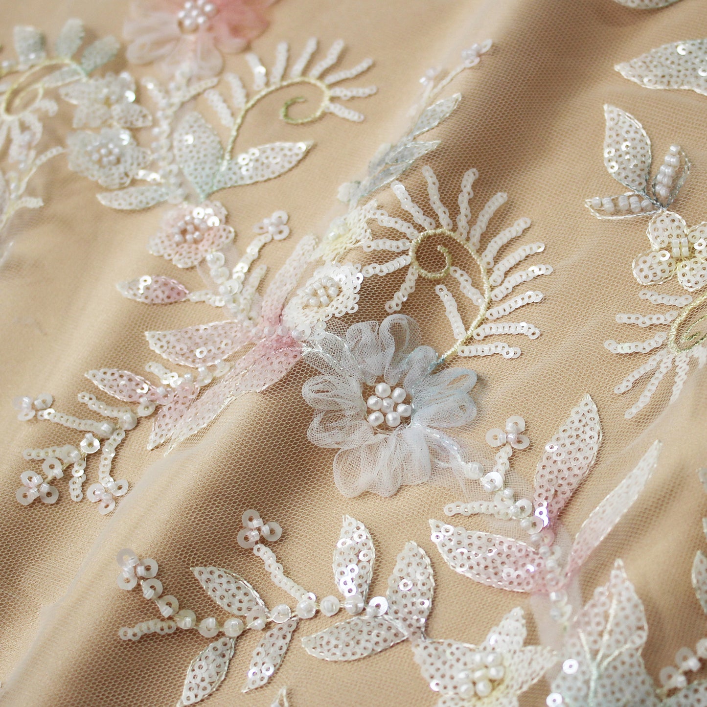 Embroidered Tulle with Ombre Tulle Flowers, Leaves, Paillettes, and Corals
