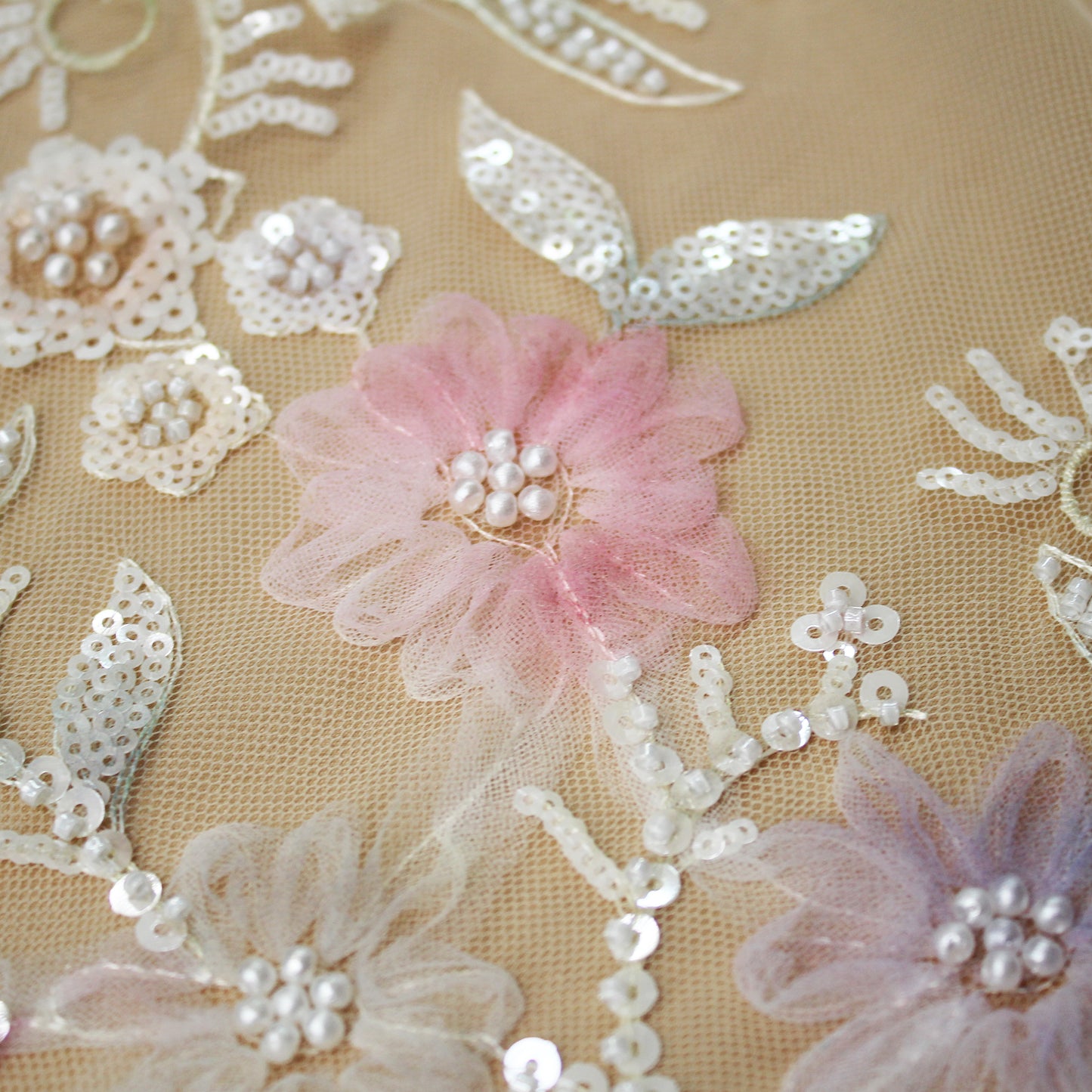 Embroidered Tulle with Ombre Tulle Flowers, Leaves, Paillettes, and Corals