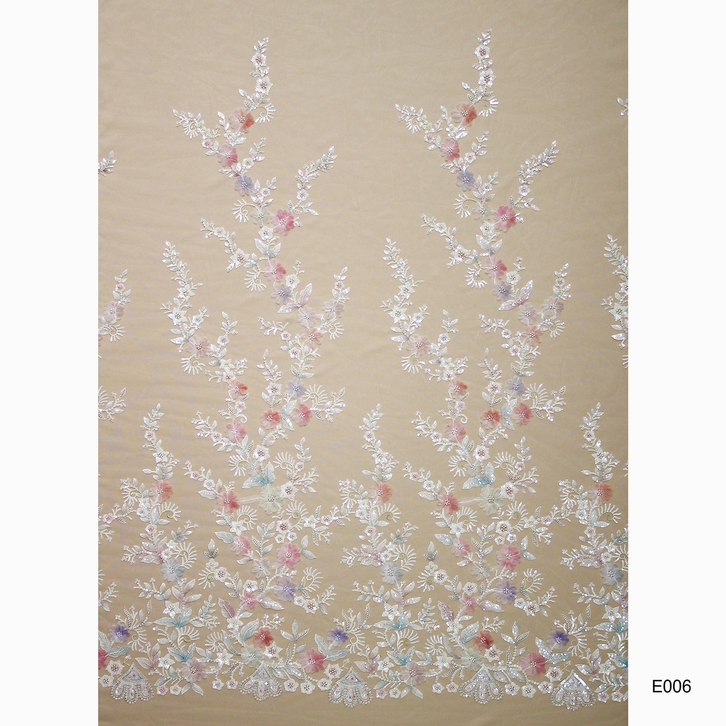 Embroidered Tulle with Ombre Tulle Flowers, Leaves, Paillettes, and Corals