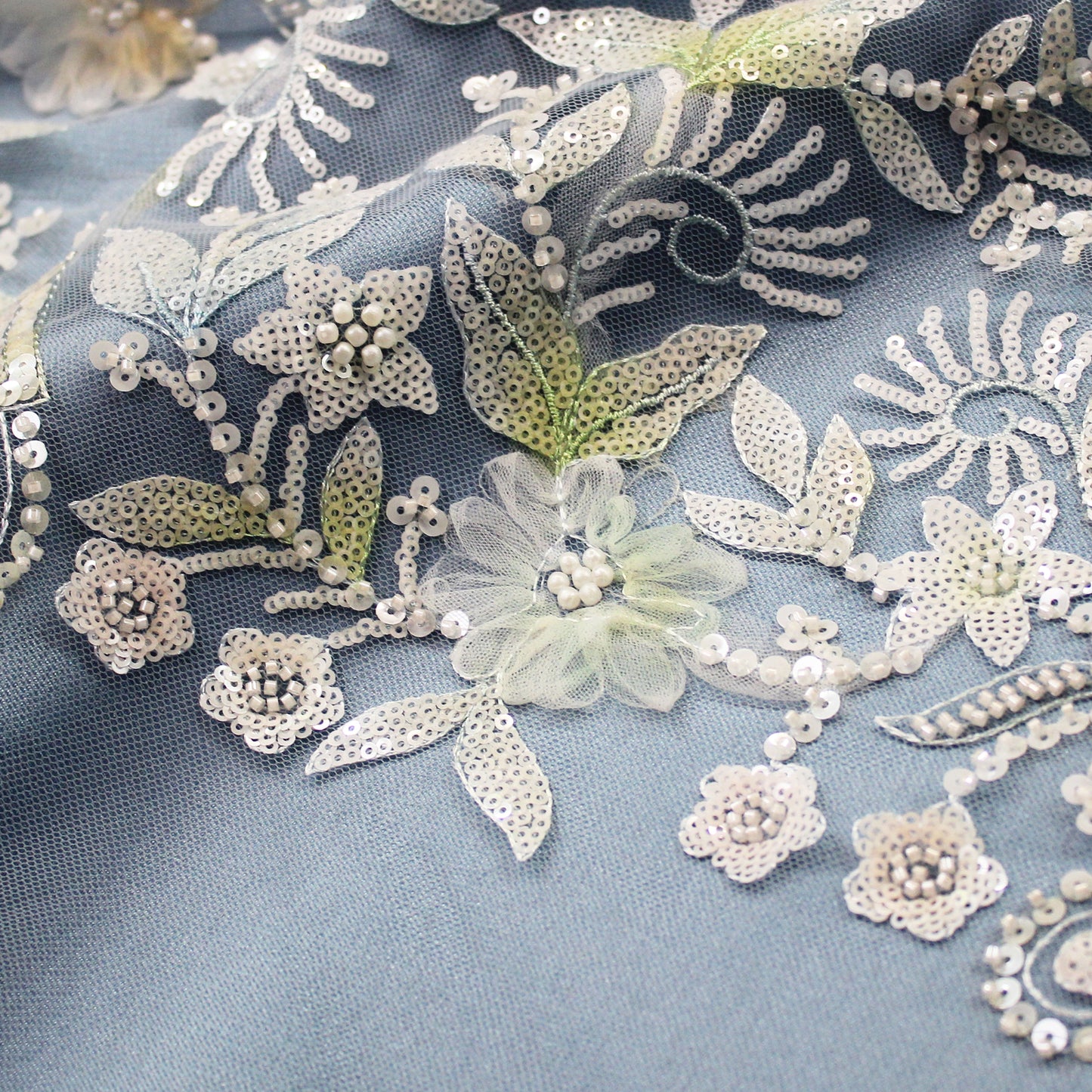 Embroidered Tulle with Ombre Tulle Flowers, Leaves, Paillettes, and Corals