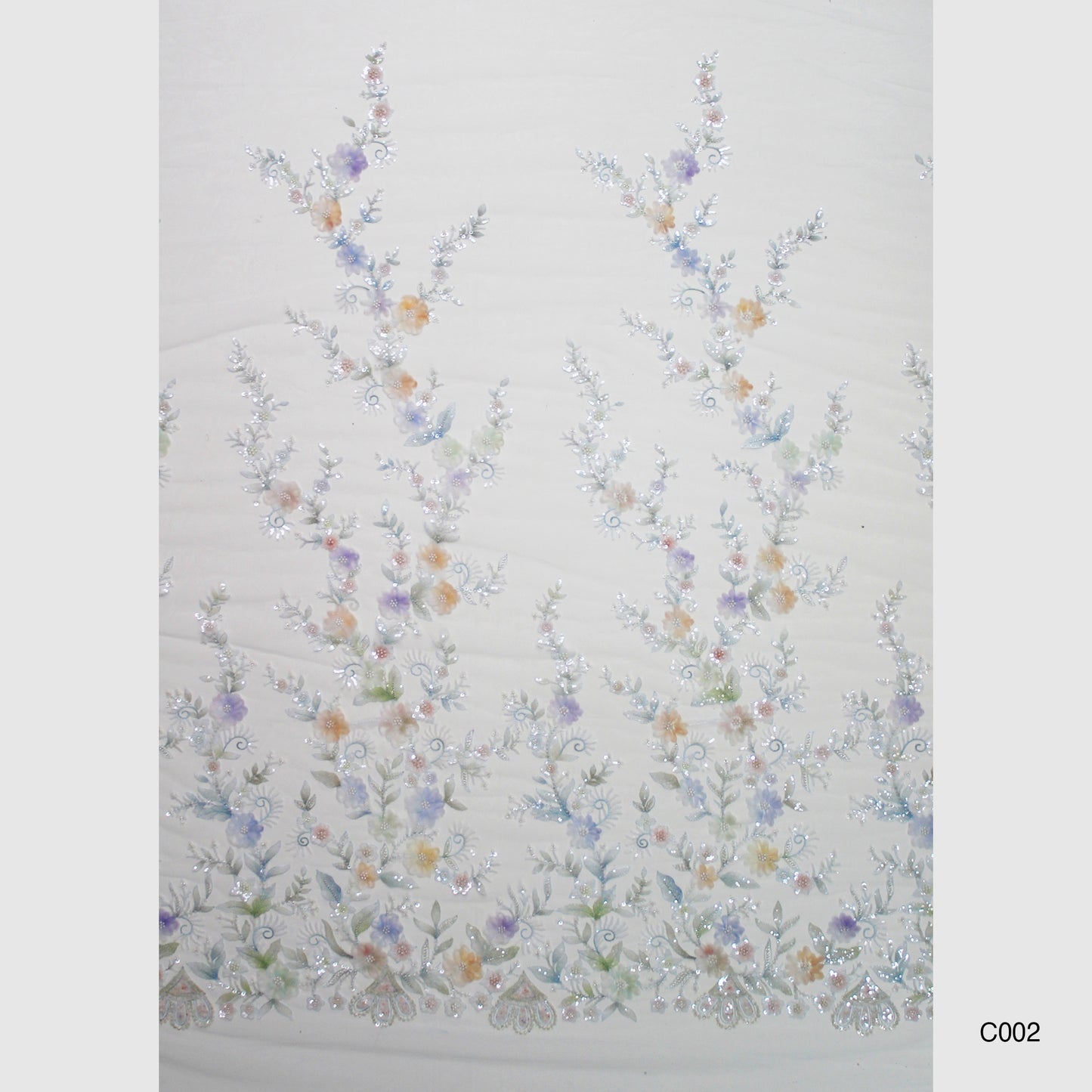 Embroidered Tulle with Ombre Tulle Flowers, Leaves, Paillettes, and Corals