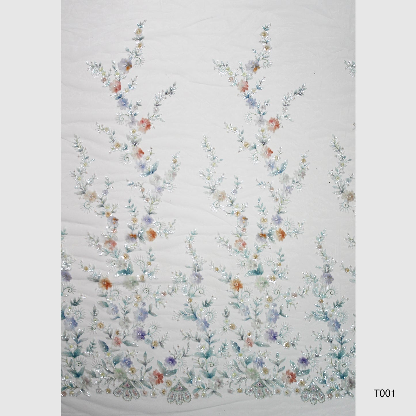 Embroidered Tulle with Ombre Tulle Flowers, Leaves, Paillettes, and Corals