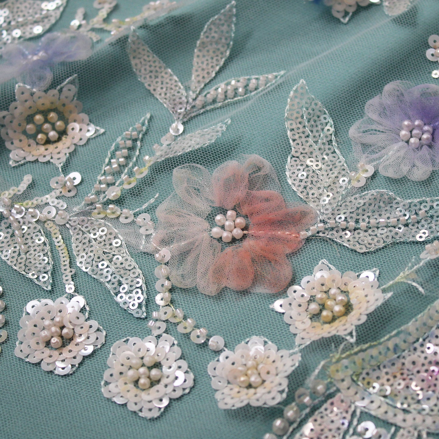 Embroidered Tulle with Ombre Tulle Flowers, Leaves, Paillettes, and Corals