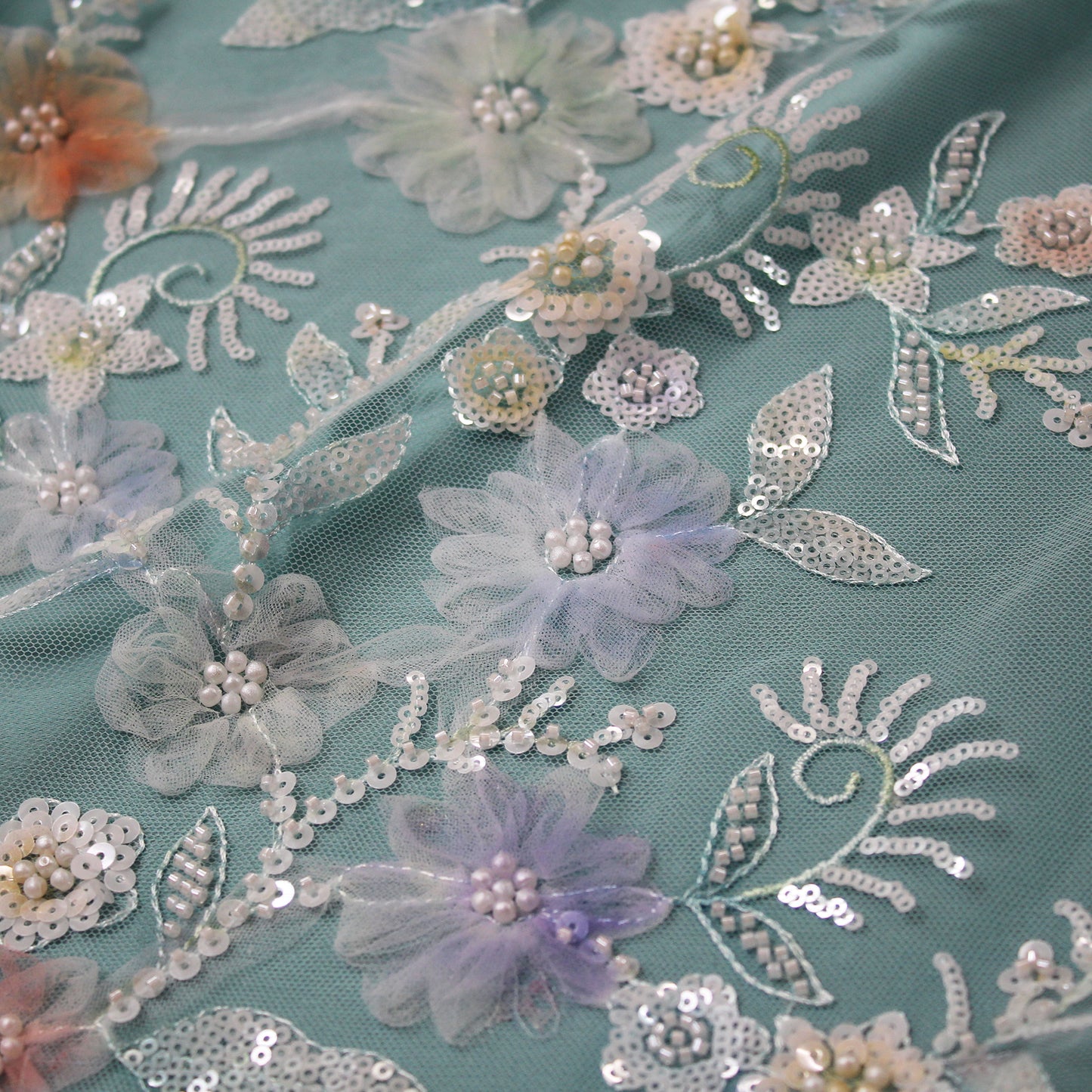 Embroidered Tulle with Ombre Tulle Flowers, Leaves, Paillettes, and Corals