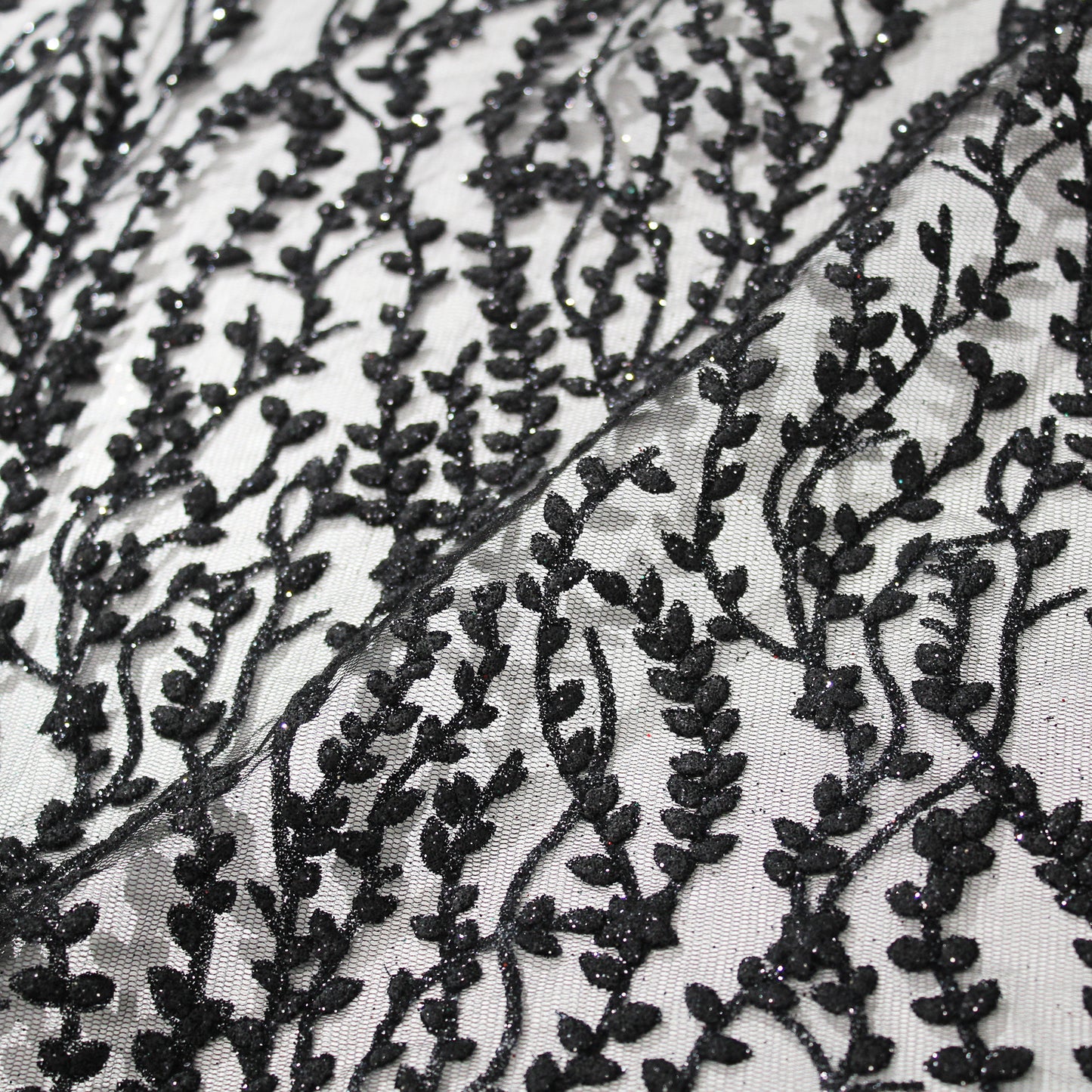 Embroidered Glitter Tulle with Branches Pattern and Small Flowers