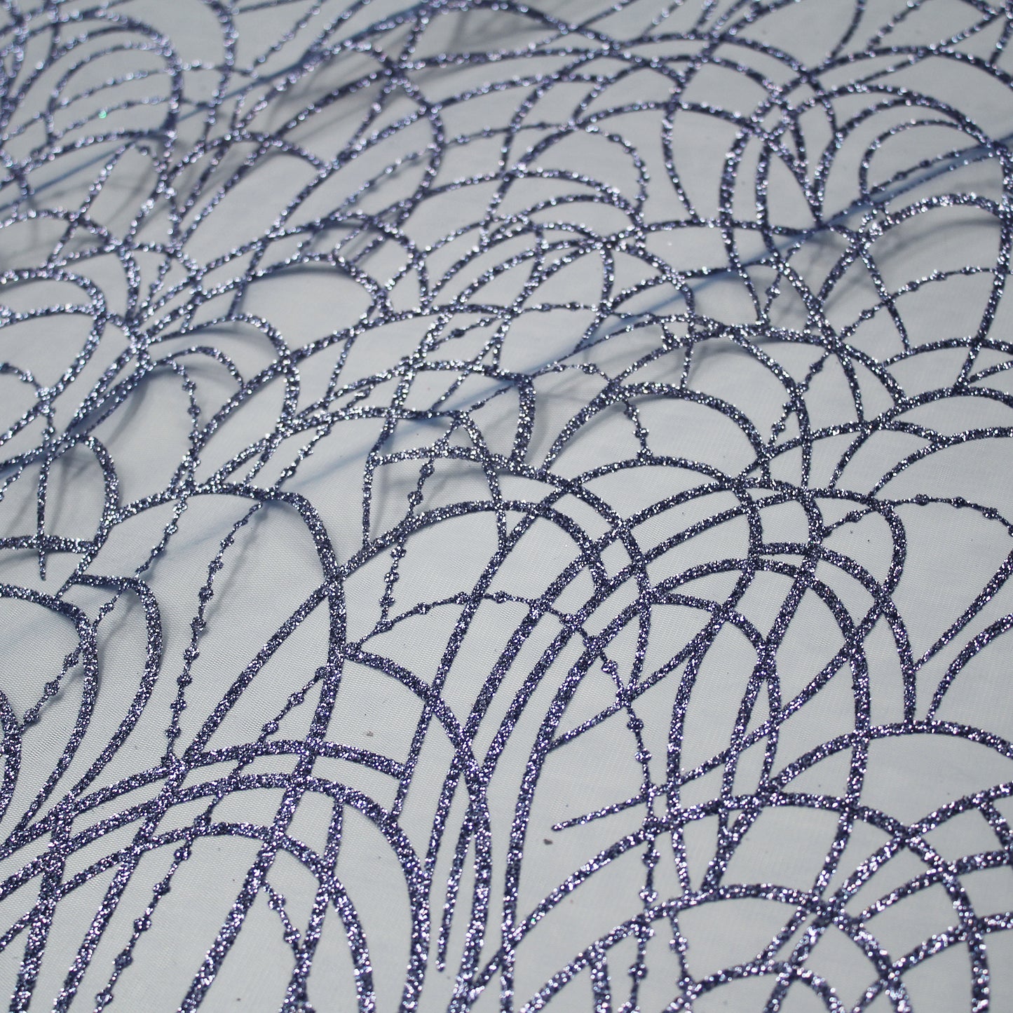 Embroidered Glitter Tulle with Scribbled Interlaced Curved Circular Lines