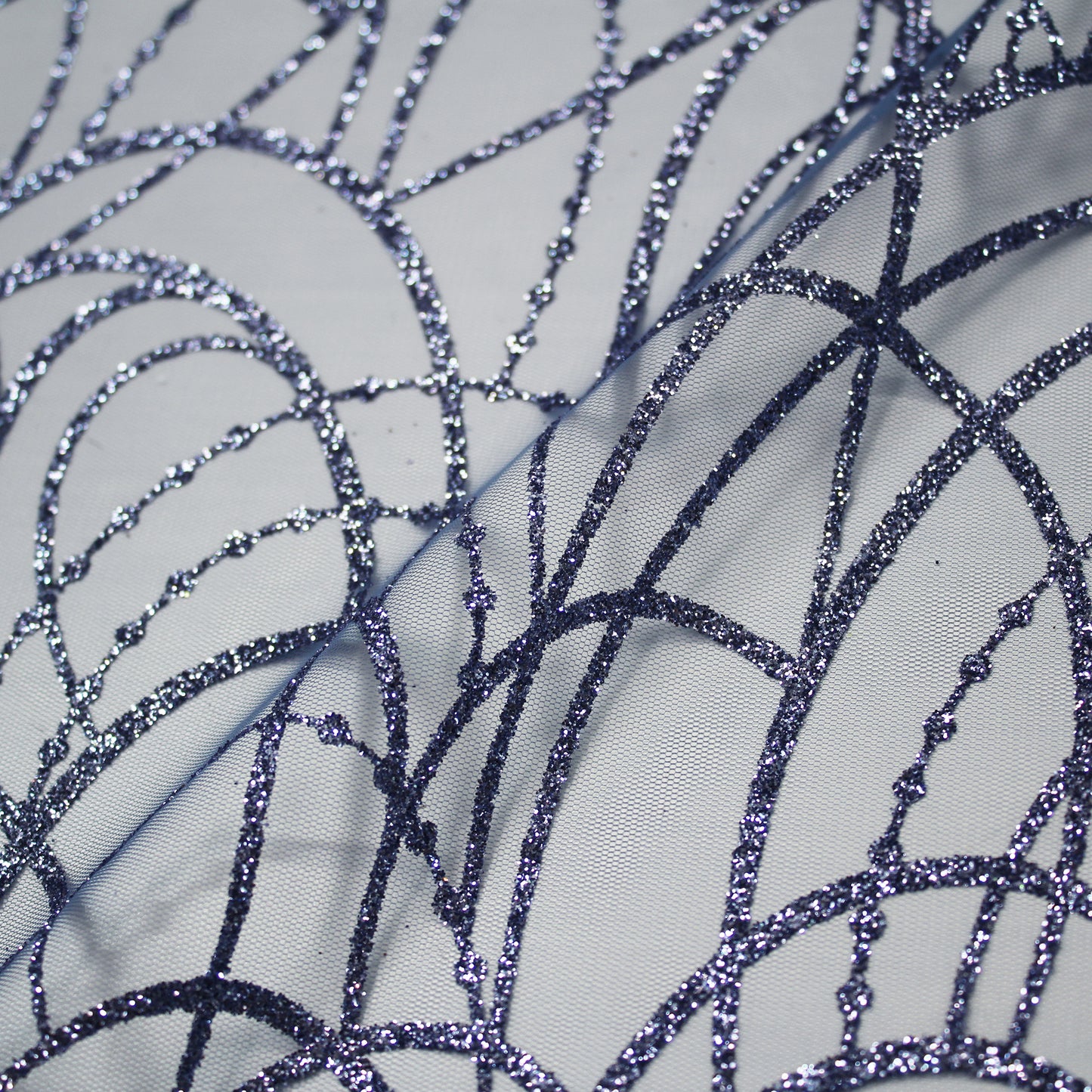 Embroidered Glitter Tulle with Scribbled Interlaced Curved Circular Lines