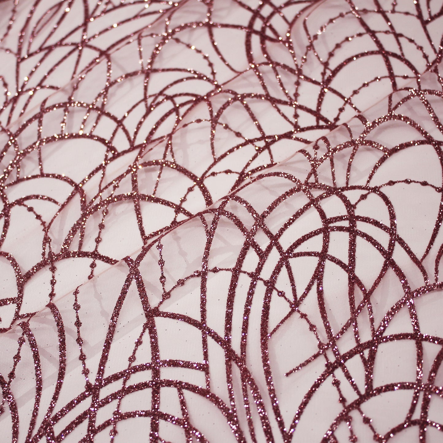Embroidered Glitter Tulle with Scribbled Interlaced Curved Circular Lines