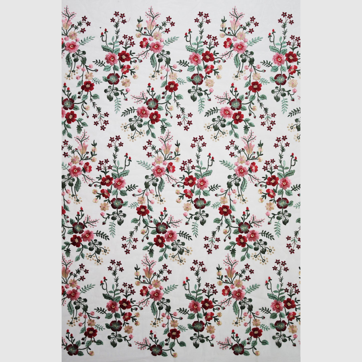 Tulle Ricamato Ortensia con Fiori Rossi e Rosa