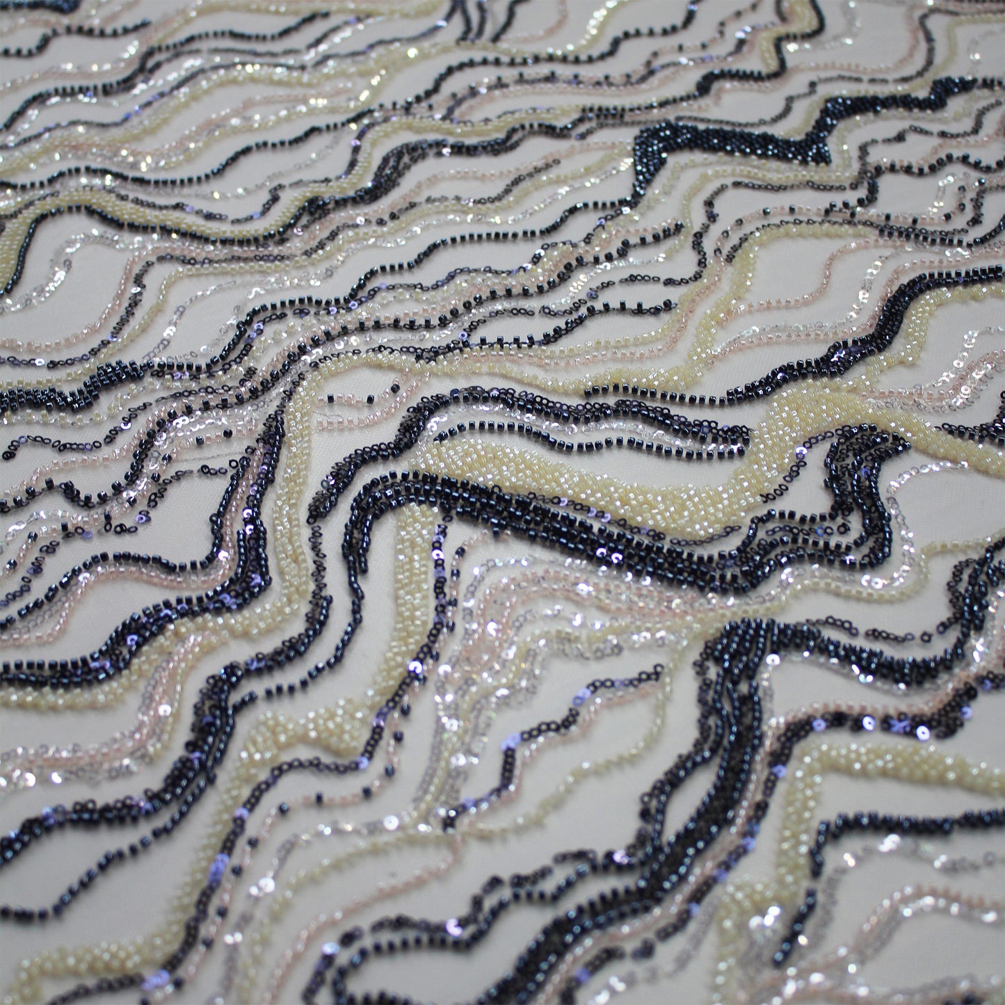 Embroidered Tulle with Multicolor Sequins and Natural Wave Pattern