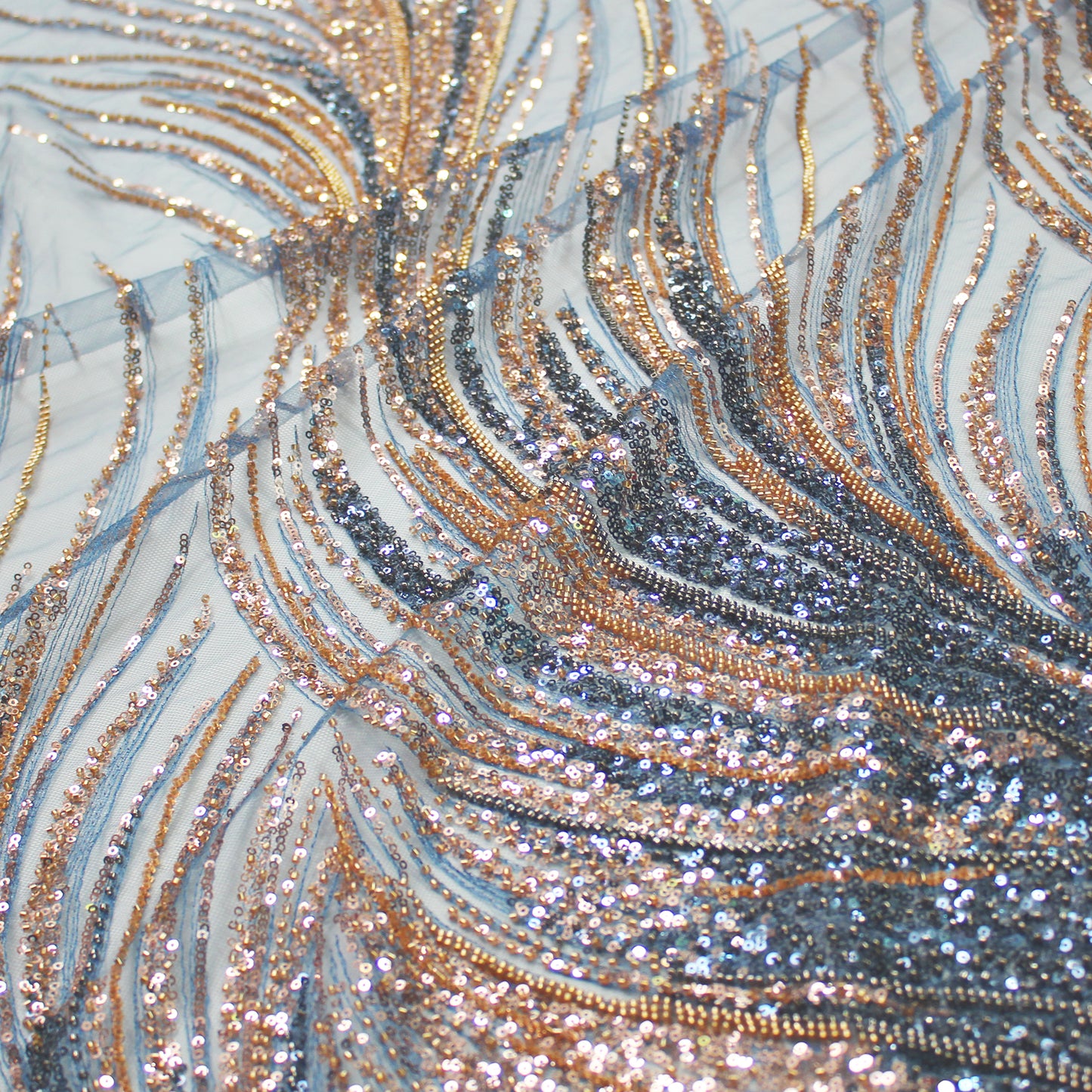 Embroidered Tulle with Paillettes and Corals, Copper Effect, Mermaid Tail