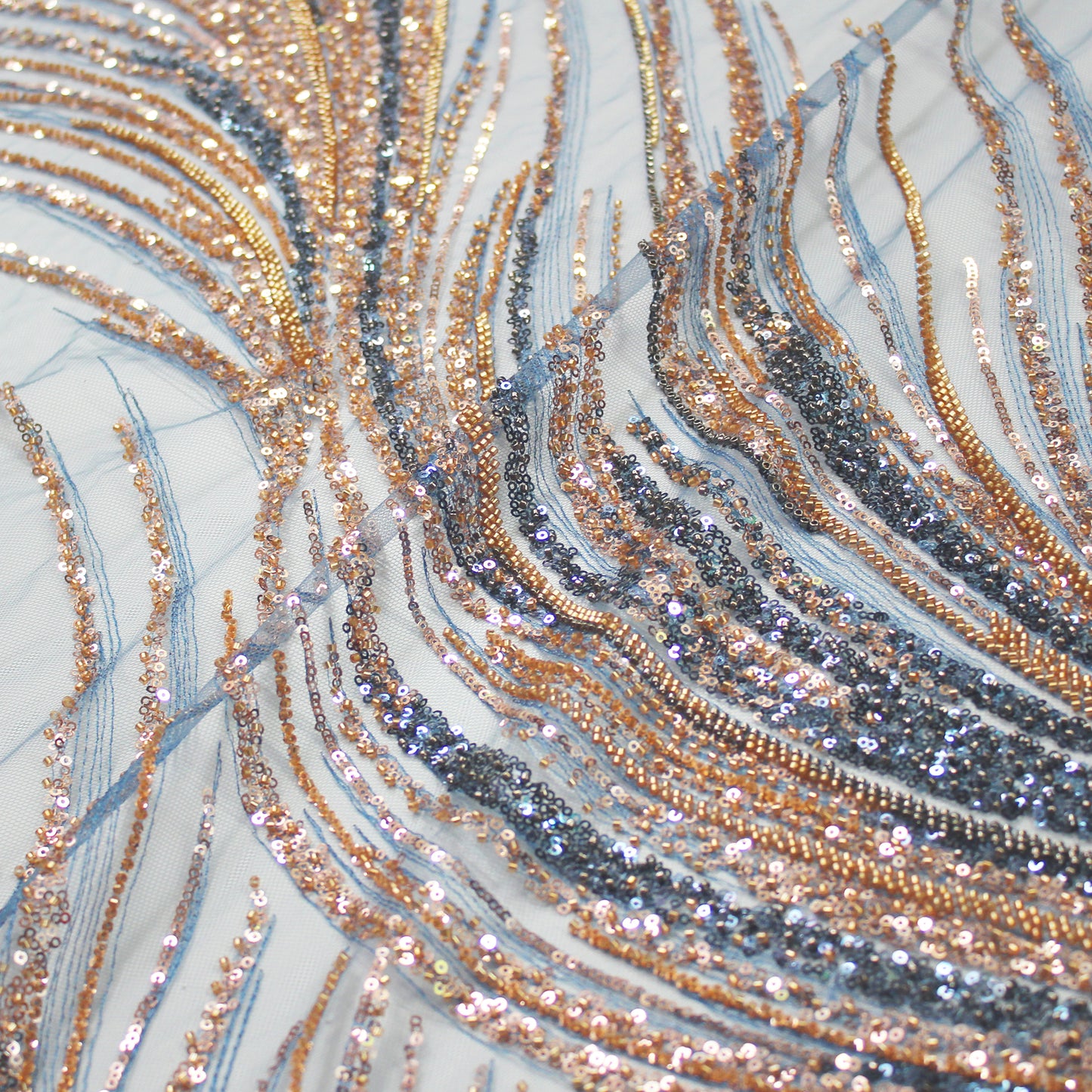 Embroidered Tulle with Paillettes and Corals, Copper Effect, Mermaid Tail