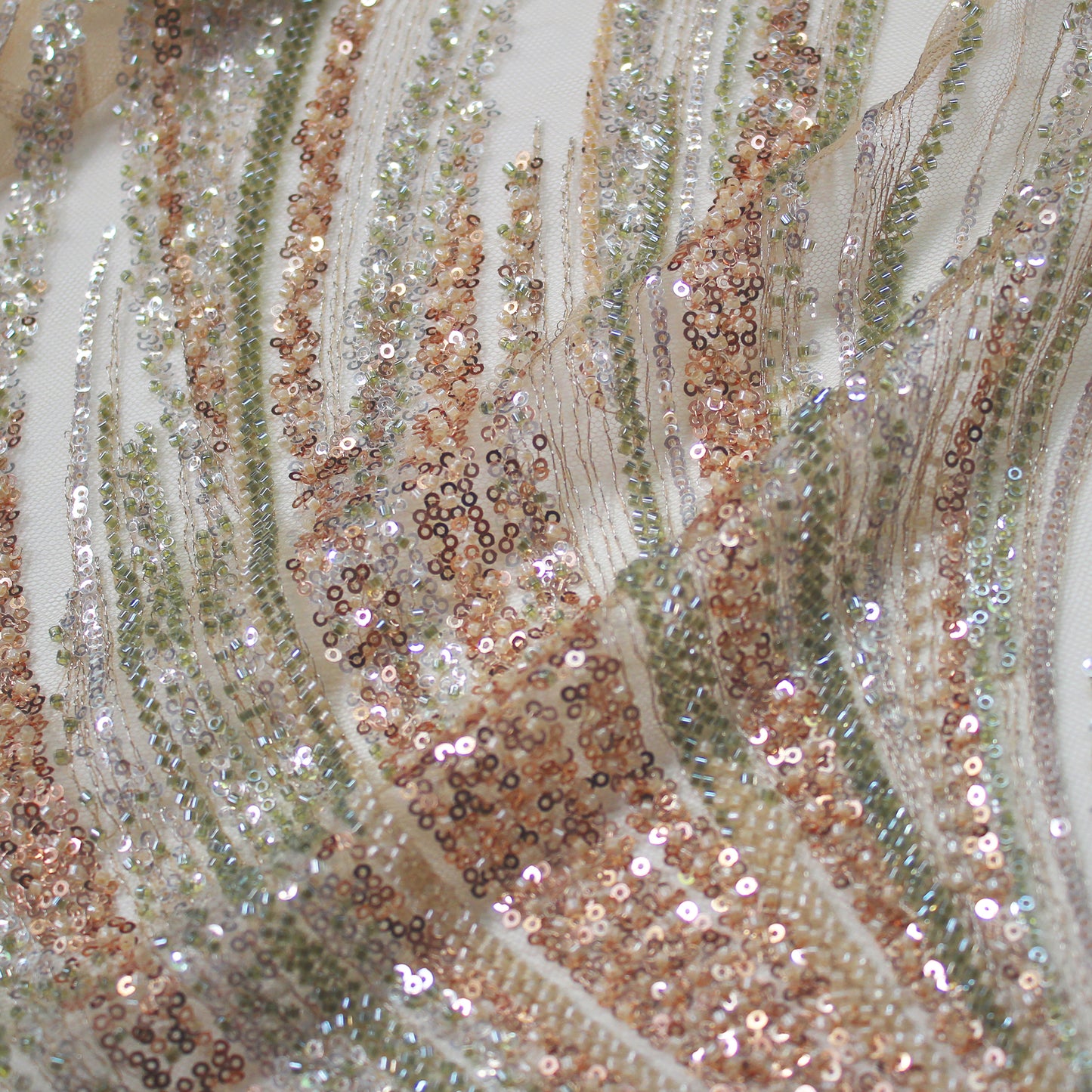 Embroidered Tulle with Paillettes and Corals, Copper Effect, Mermaid Tail