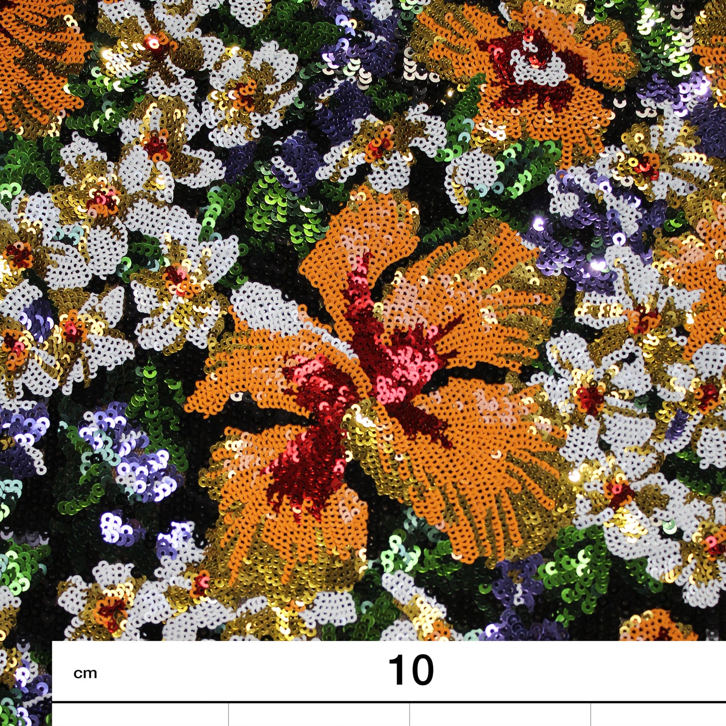 Embroidered Tulle with Orange Flowers and Sequins
