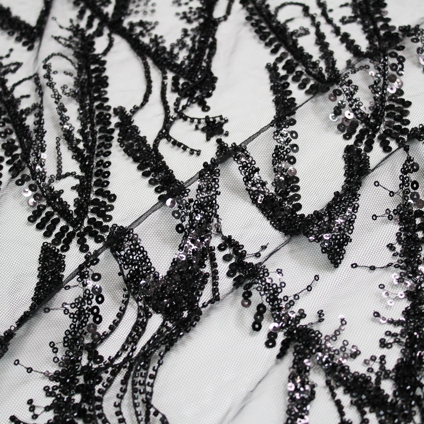 Embroidered Tulle with Paillettes and Coral Fringes