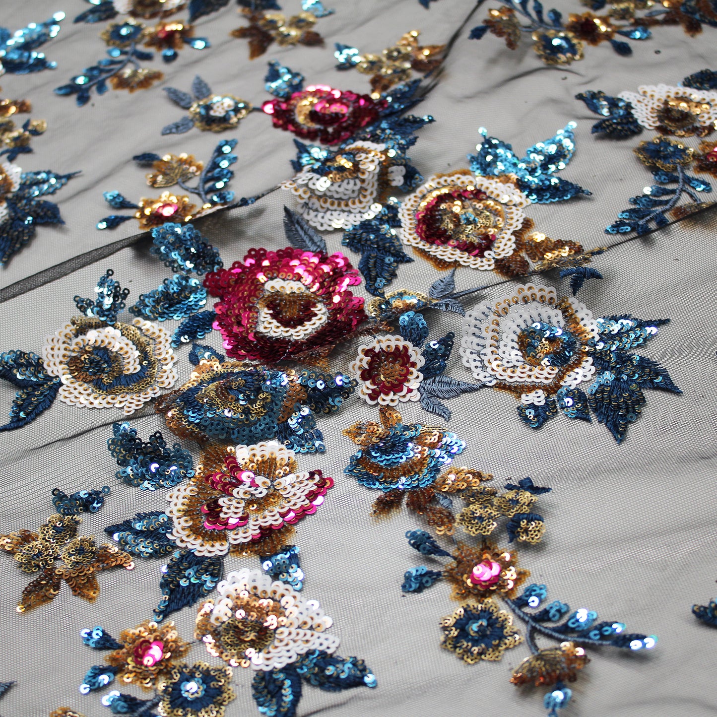 Embroidered Tulle with Paillettes and Flower Bouquets