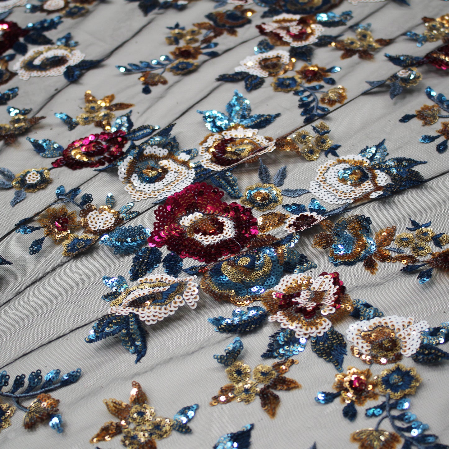 Embroidered Tulle with Paillettes and Flower Bouquets