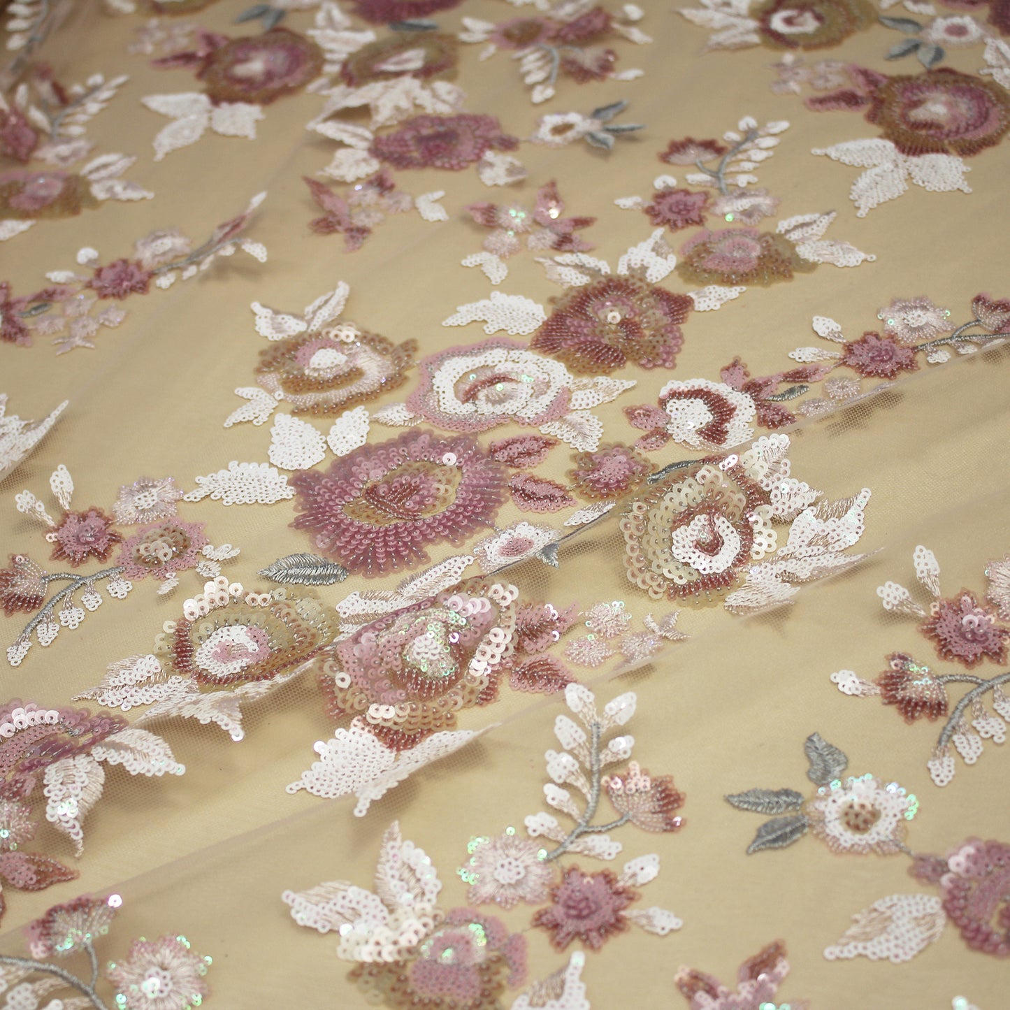 Embroidered Tulle with Paillettes and Flower Bouquets