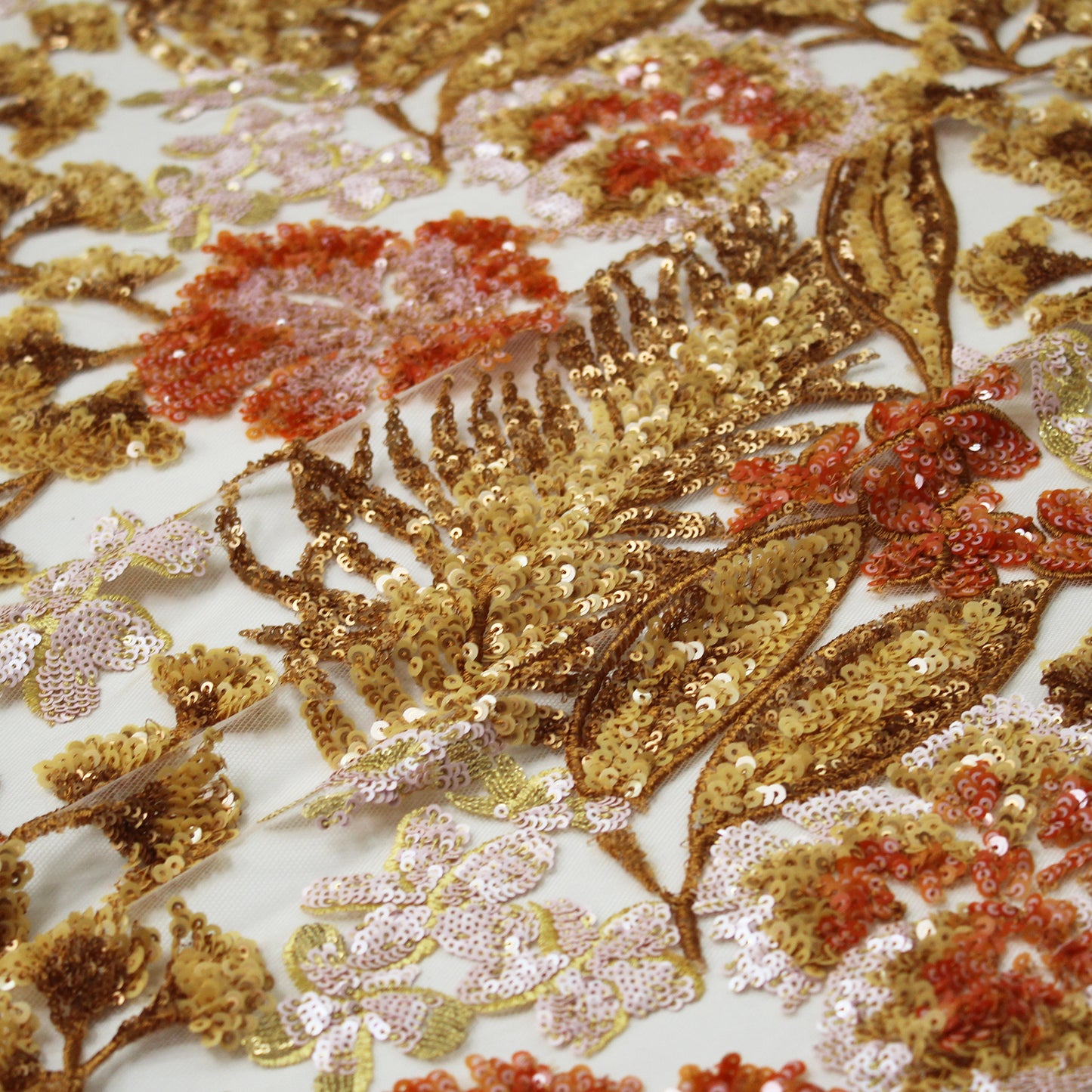 Embroidered Tulle with Multicolor Paillettes, Flowers, and Plants