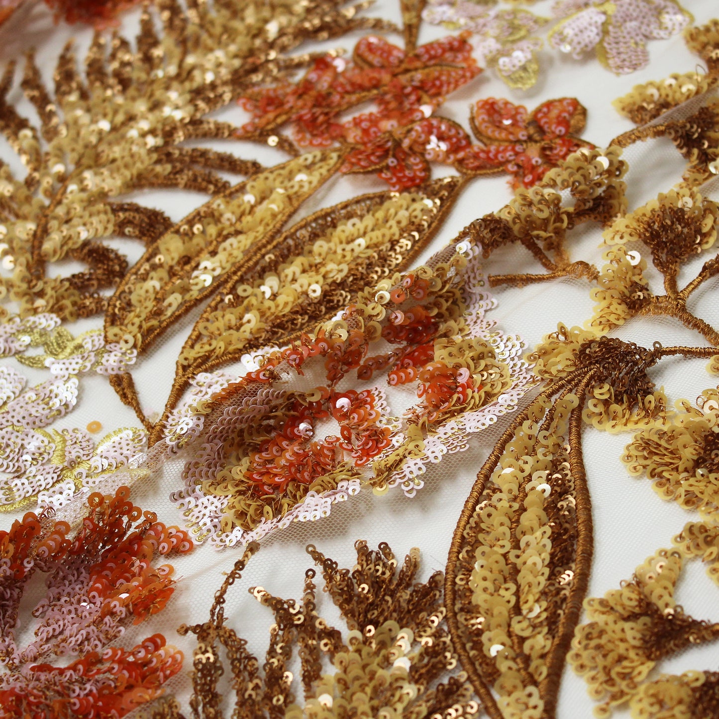 Embroidered Tulle with Multicolor Paillettes, Flowers, and Plants