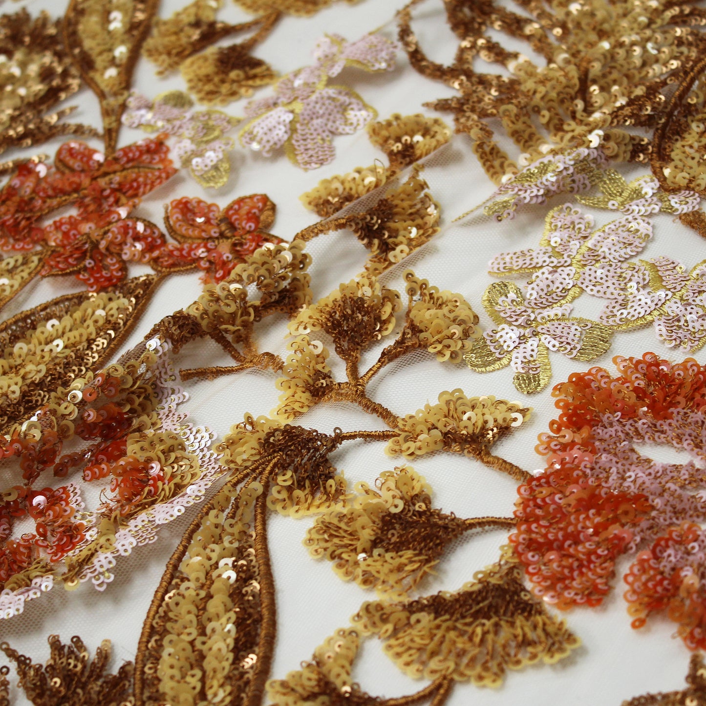 Embroidered Tulle with Multicolor Paillettes, Flowers, and Plants