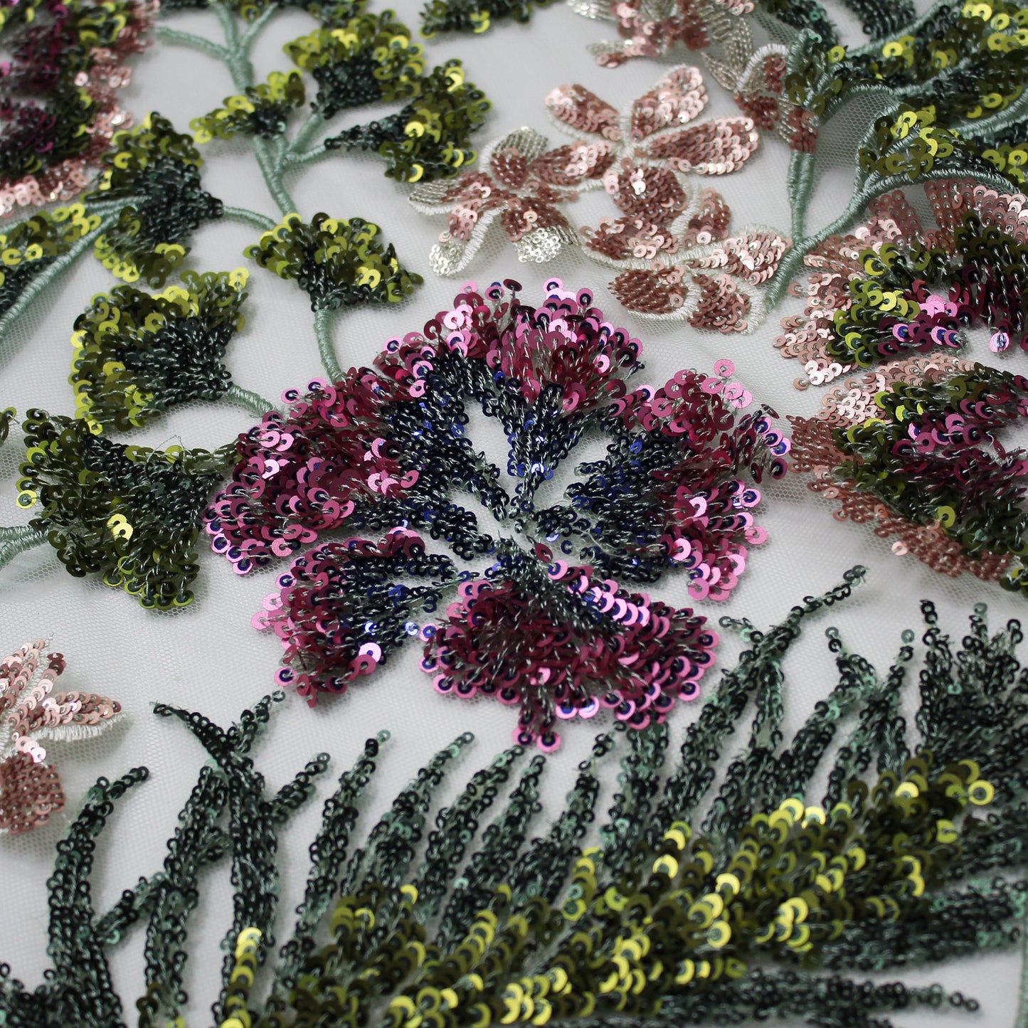 Embroidered Tulle with Multicolor Paillettes, Flowers, and Plants