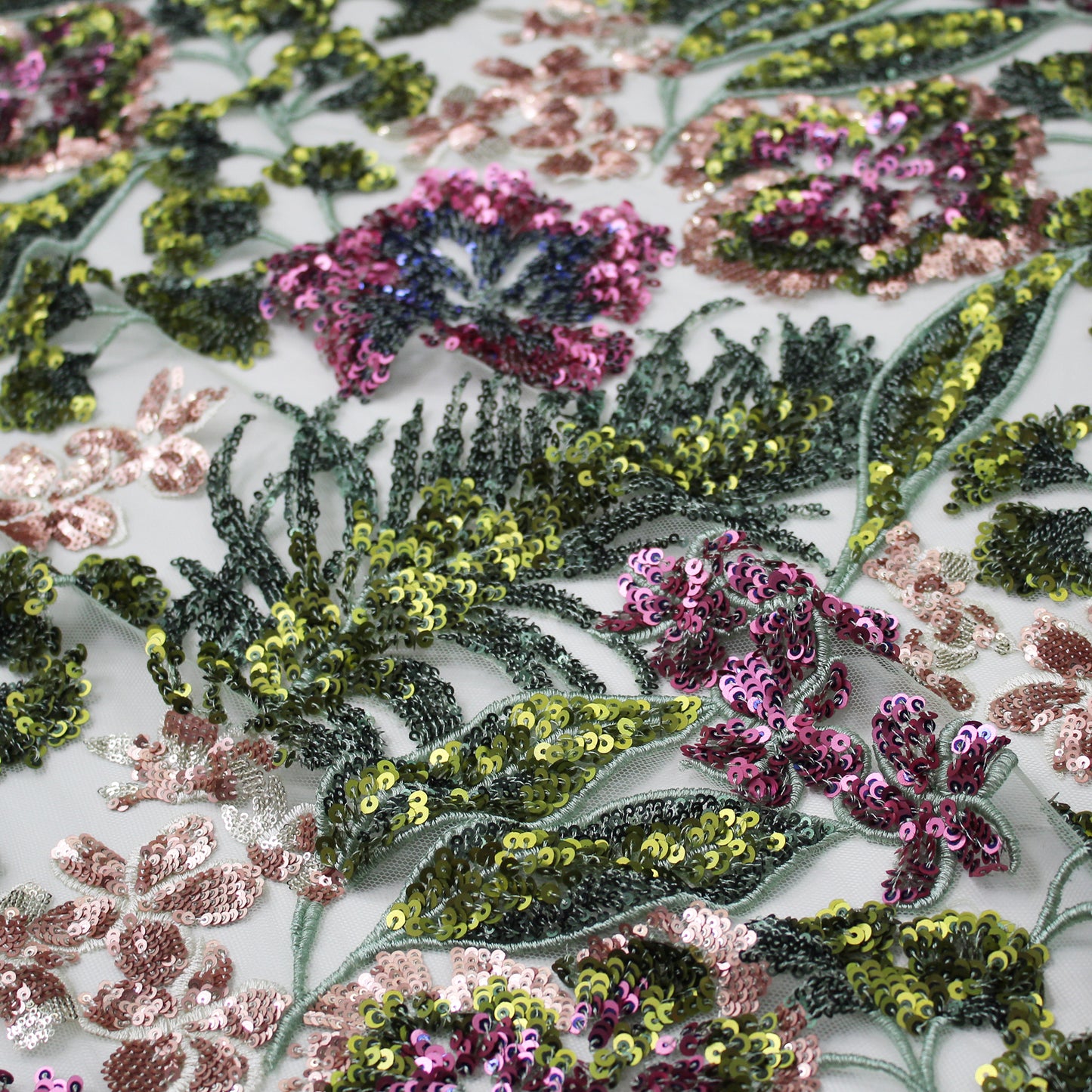 Embroidered Tulle with Multicolor Paillettes, Flowers, and Plants