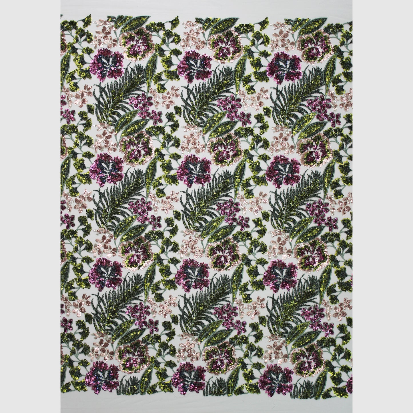 Embroidered Tulle with Multicolor Paillettes, Flowers, and Plants