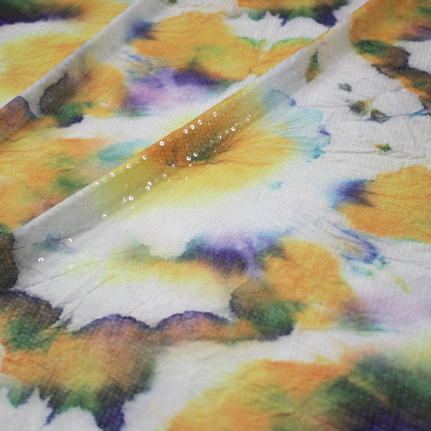 Tulle Embroidered with Paillettes and Watercolor Print in Yellow and Purple