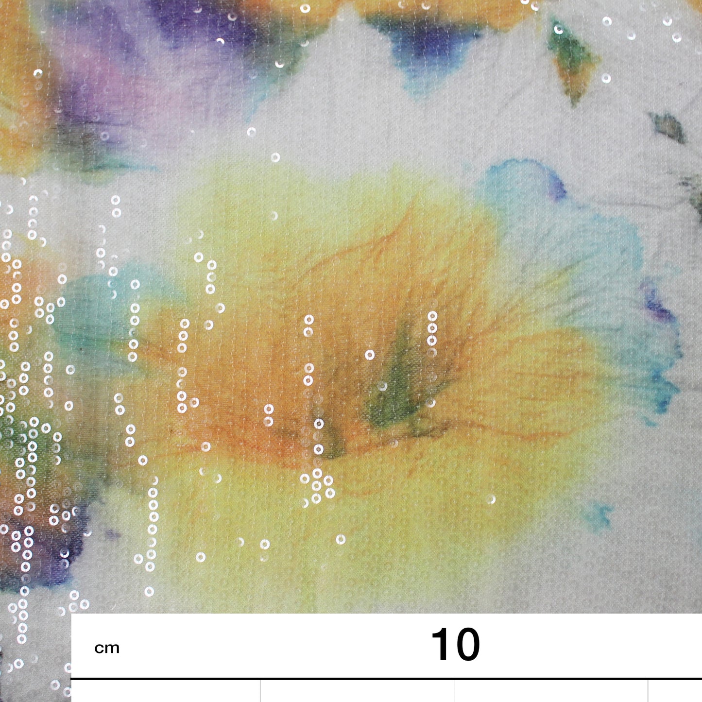 Tulle Embroidered with Paillettes and Watercolor Print in Yellow and Purple