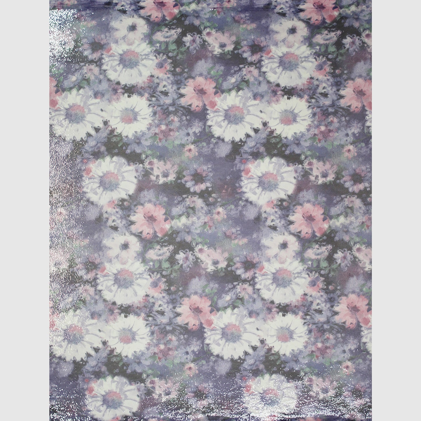 Tulle Ricamato Paillettes con Stampa Fiori Grandi, Bianchi e Viola
