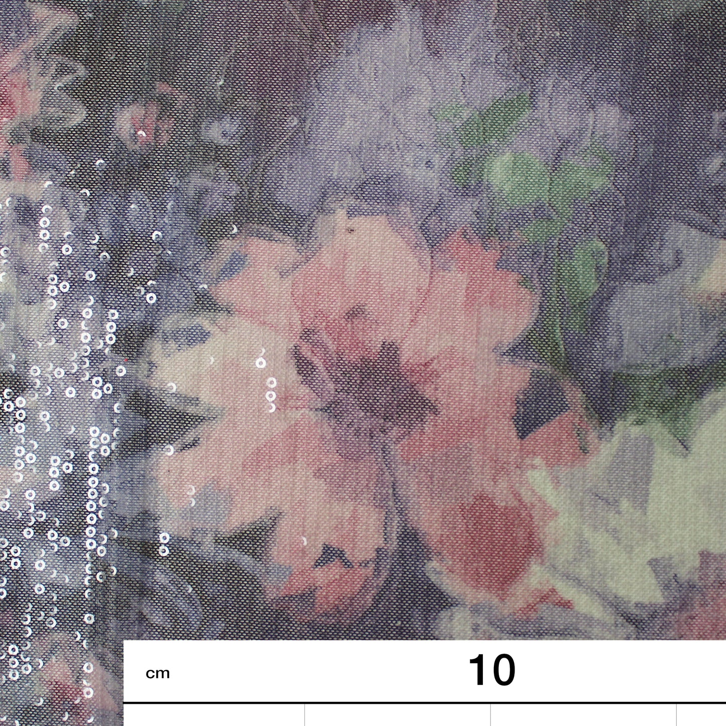 Tulle Ricamato Paillettes con Stampa Fiori Grandi, Bianchi e Viola
