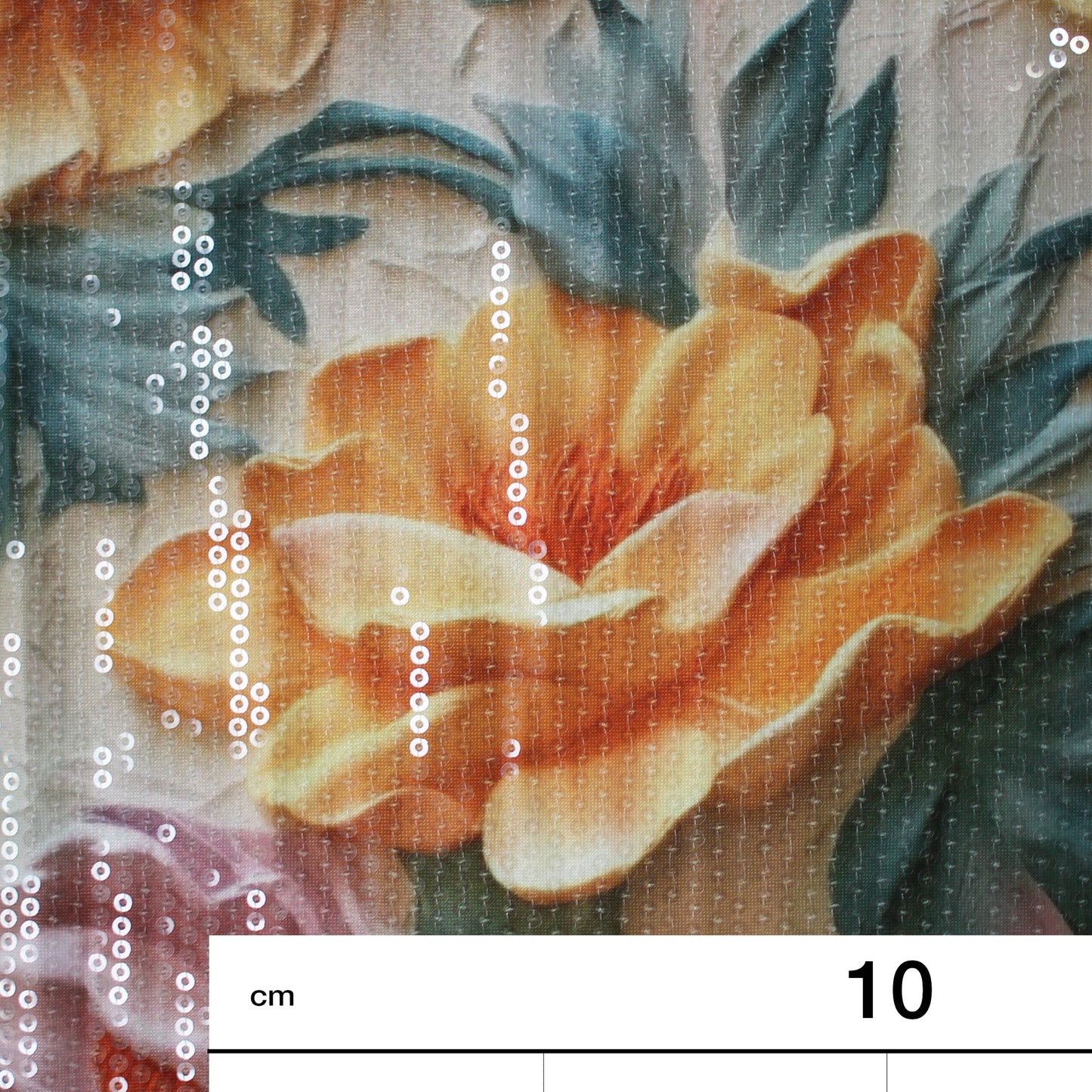 Tulle Embroidered with Paillettes and Pink, Yellow, Orange Floral Print