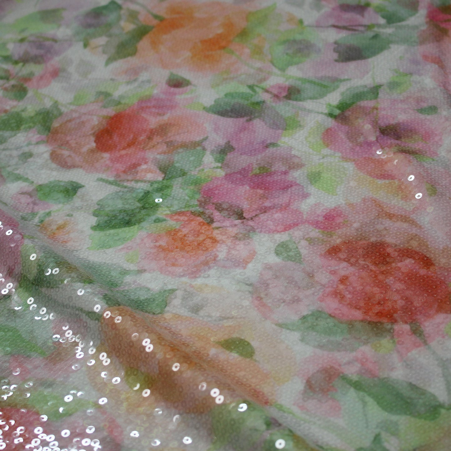 Embroidered Tulle with Paillettes and Flower Print in Pastel Shades
