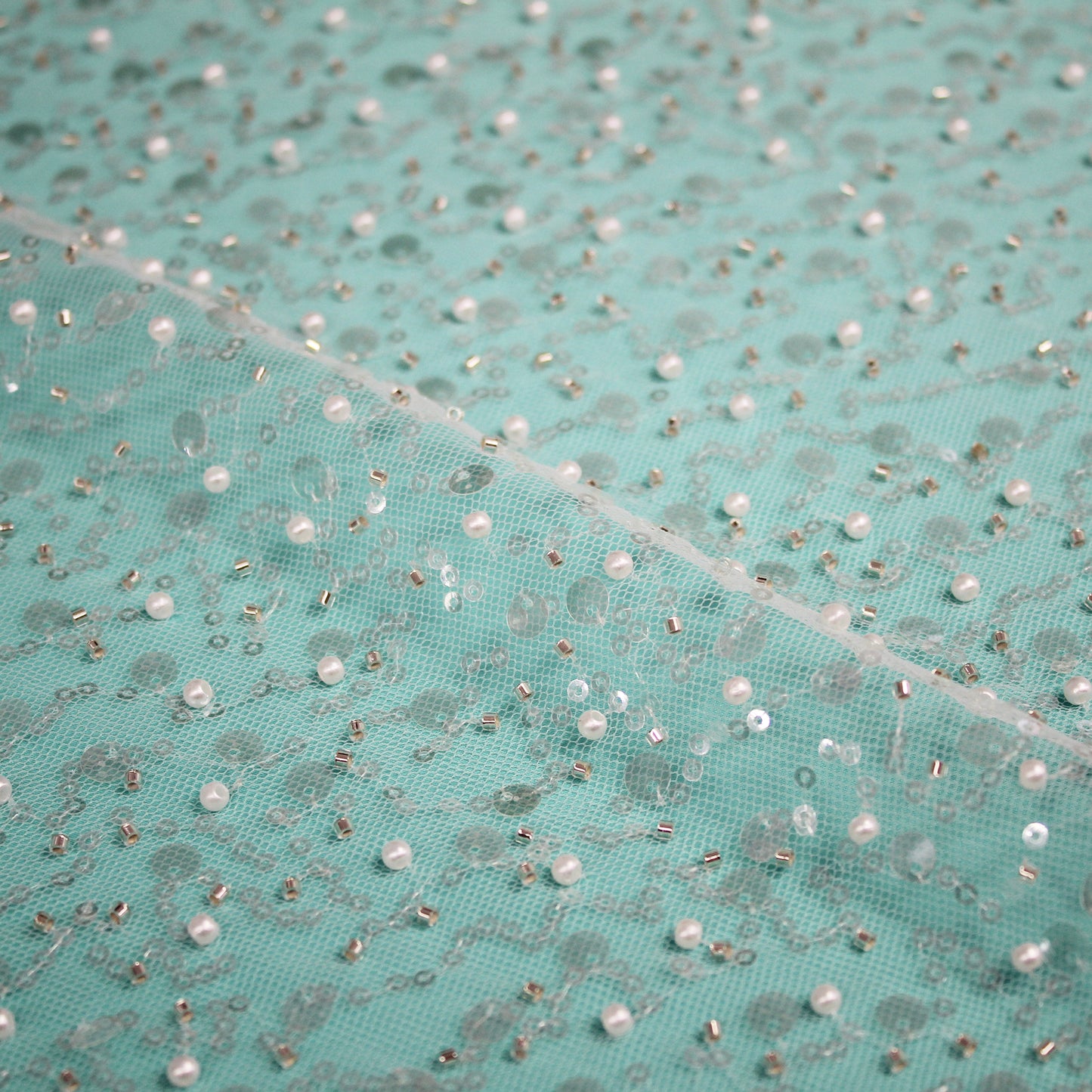 Embroidered Tulle with Pearls, Corals, and Multiform Sequins in Full Field