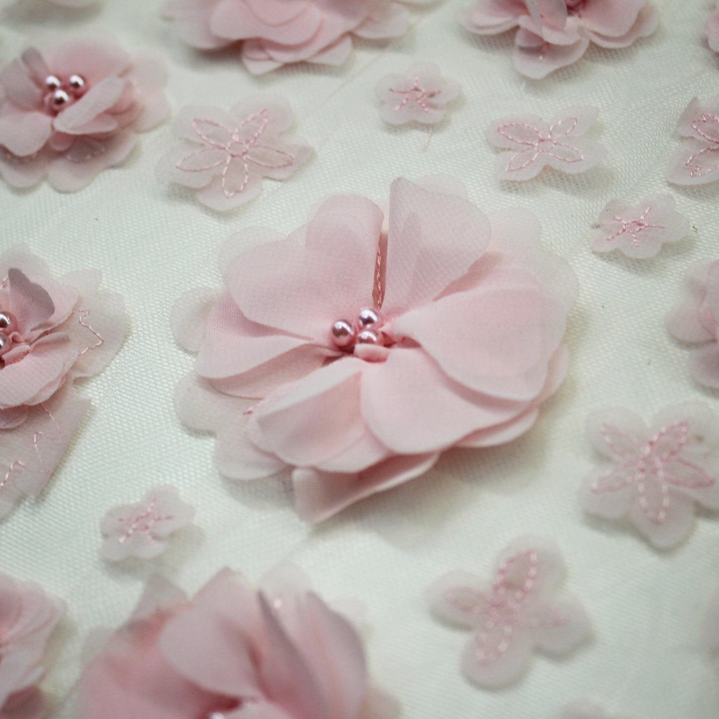 Embroidered Tulle with Beaded Raised Floral Motifs on Voile
