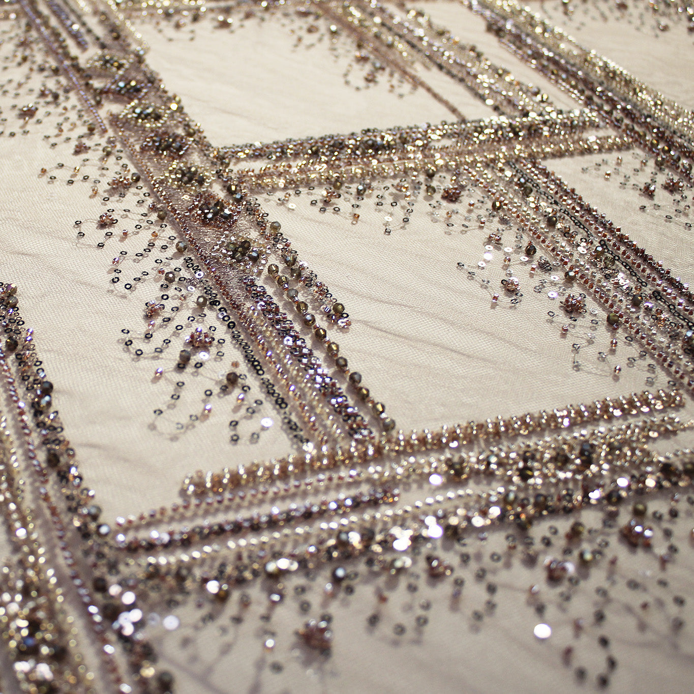 Embroidered Tulle with Beads, Sequins, and Geometric Pattern