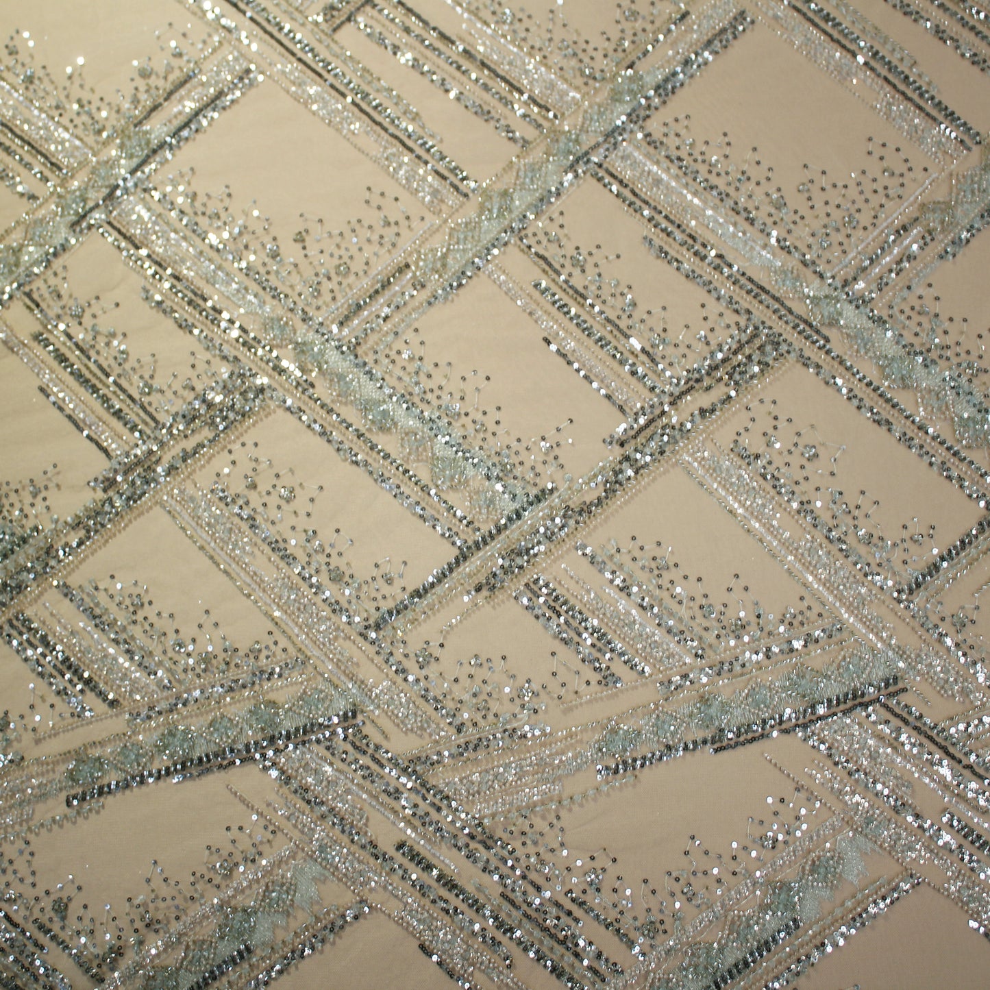 Embroidered Tulle with Beads, Sequins, and Geometric Pattern