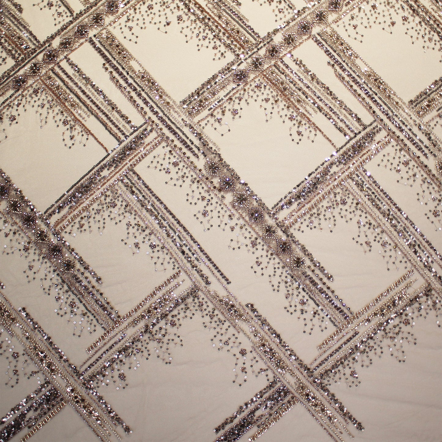 Embroidered Tulle with Beads, Sequins, and Geometric Pattern