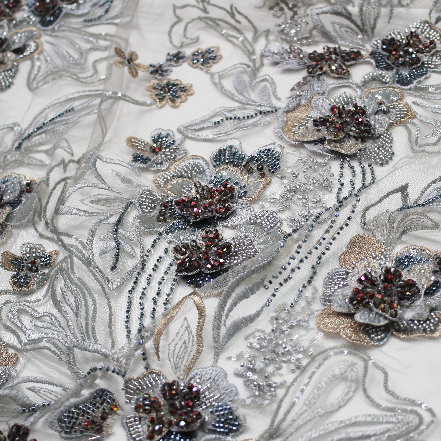 Embroidered Tulle with 3D Floral Petals, Paillettes, Beads, and Corals