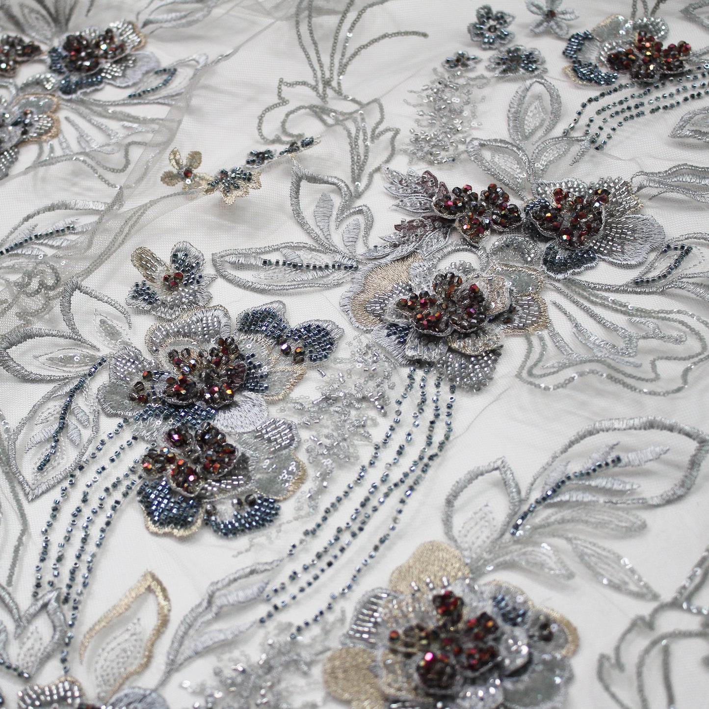 Embroidered Tulle with 3D Floral Petals, Paillettes, Beads, and Corals