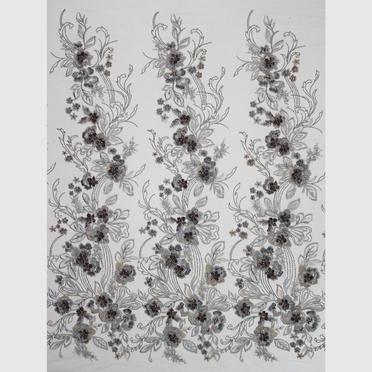 Embroidered Tulle with 3D Floral Petals, Paillettes, Beads, and Corals