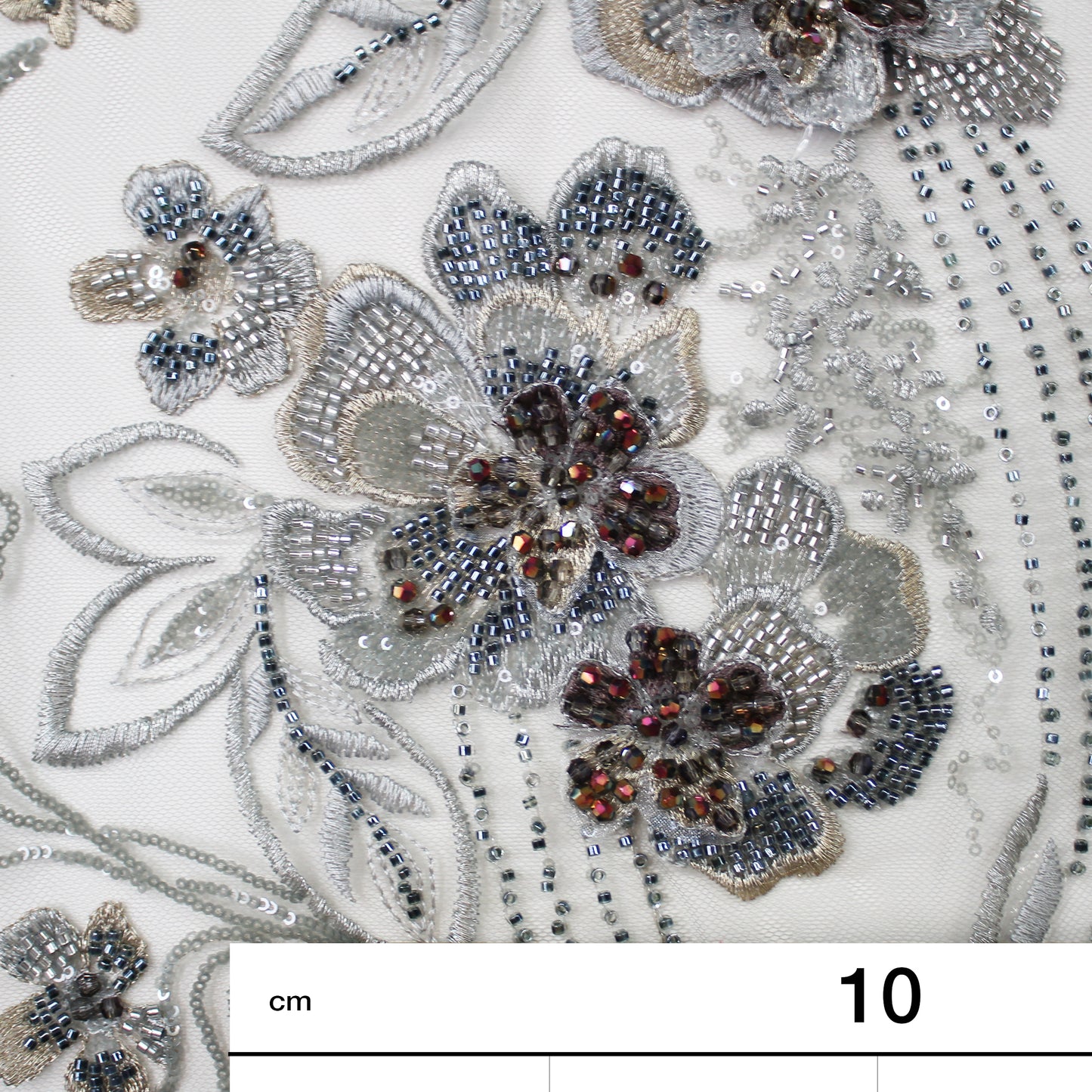 Embroidered Tulle with 3D Floral Petals, Paillettes, Beads, and Corals