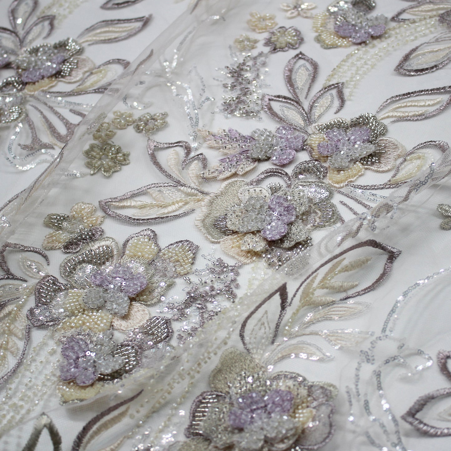 Embroidered Tulle with 3D Floral Petals, Paillettes, Beads, and Corals