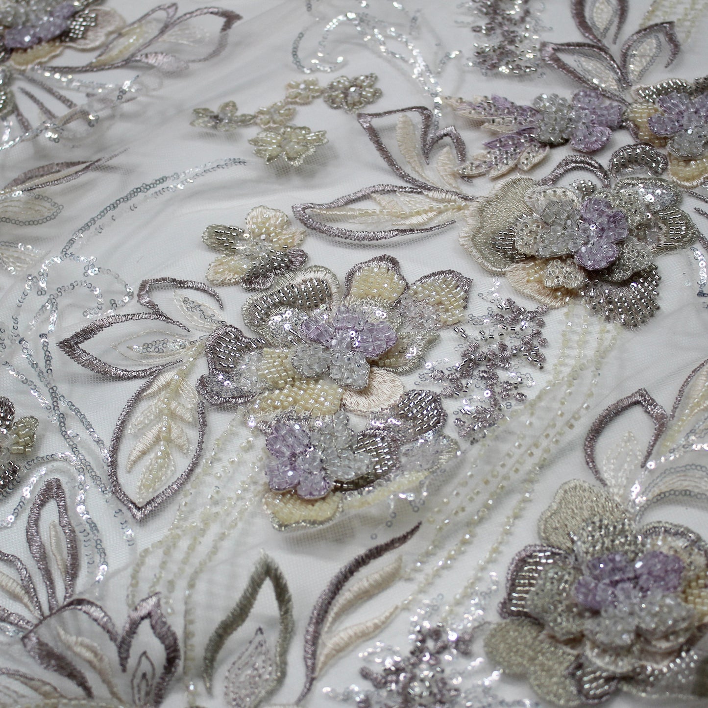 Embroidered Tulle with 3D Floral Petals, Paillettes, Beads, and Corals