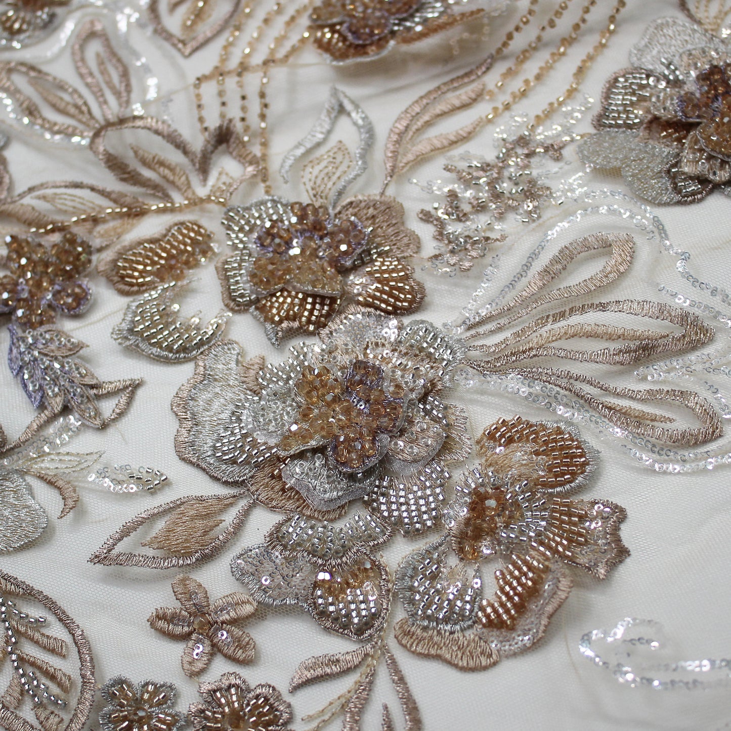 Embroidered Tulle with 3D Floral Petals, Paillettes, Beads, and Corals