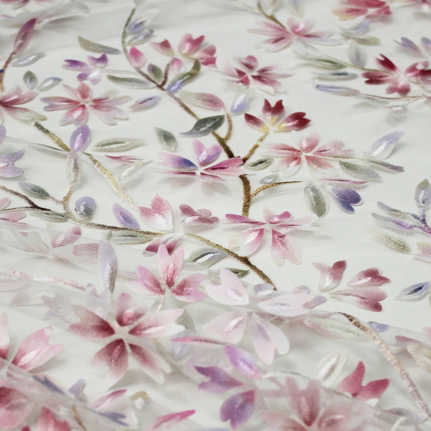 Embroidered Tulle with Branches and Organza Printed Flower Petals