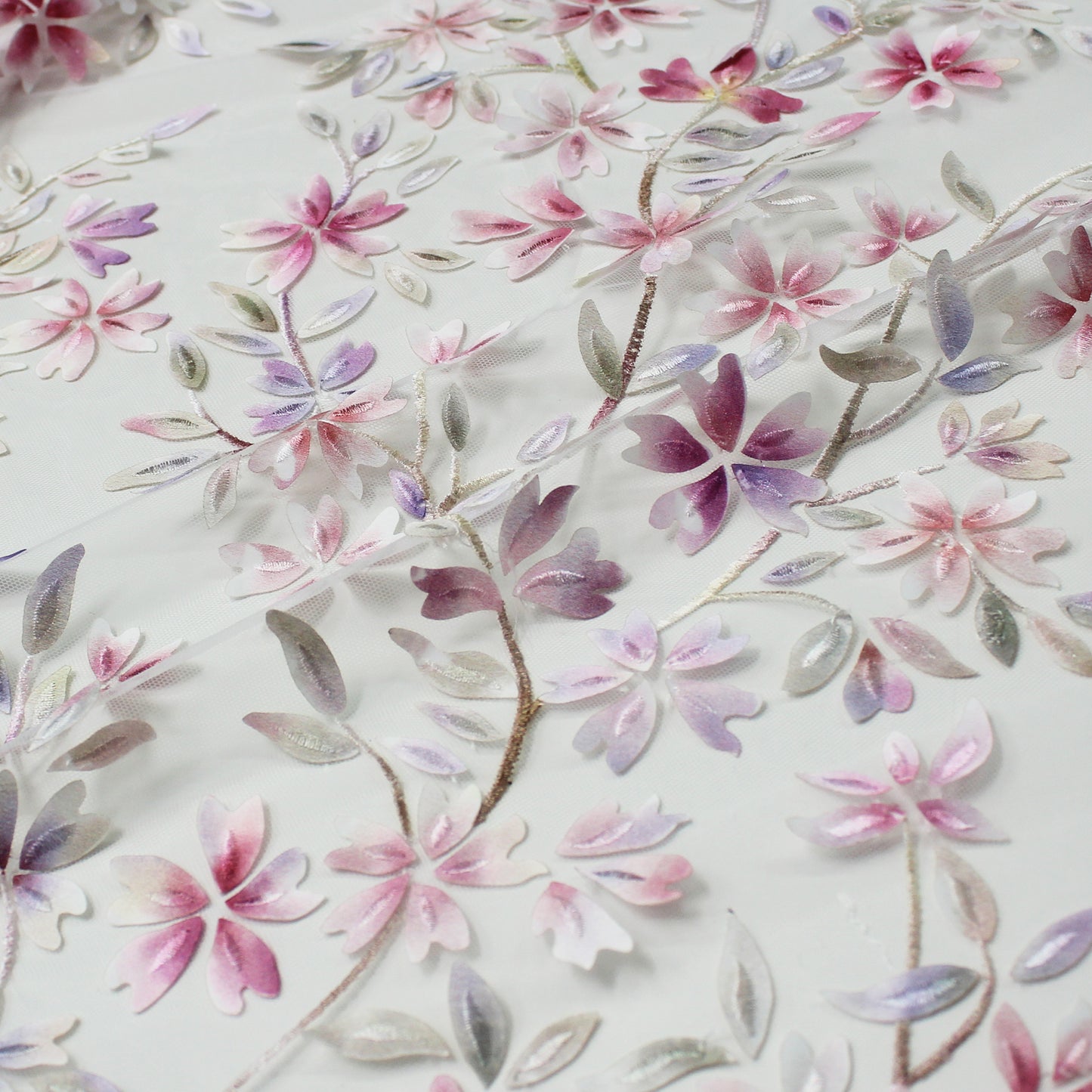 Embroidered Tulle with Branches and Organza Printed Flower Petals